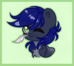 Size: 1072x948 | Tagged: safe, artist:soroka, oc, oc only, oc:star reader, pegasus, pony, abstract background, blue mane, chibi, feather, green eyes, one eye closed, solo, wings, wink