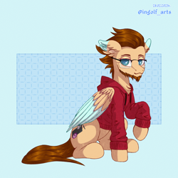 Size: 2250x2250 | Tagged: safe, artist:ingolf arts, oc, oc only, oc:ingolf, pegasus, pony, clothes, cute, ear fluff, facial hair, glasses, high res, hoodie, male, passepartout, pegasus oc, solo, stallion, tail, wings