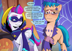 Size: 4132x2919 | Tagged: safe, artist:l211art, hitch trailblazer, zipp storm, g5, my little pony: tell your tale, pump-kin the night, leak, spoiler:g5, spoiler:my little pony: tell your tale, spoiler:tyts02e37, blushing, clothes, costume, duo, duo male and female, female, frankenstein, frankenstein's monster, halloween, halloween costume, holiday, jack-o-lantern, male, pumpkin, ship:stormblazer, shipping, speech bubble, straight, text