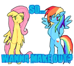 Size: 875x781 | Tagged: safe, artist:poniesinmyhead, fluttershy, rainbow dash, pegasus, pony, g4, female, implied lesbian, lesbian, looking at each other, looking at someone, ship:flutterdash, shipping, simple background, standing on two hooves, white background