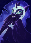 Size: 744x1039 | Tagged: safe, artist:faelitha, nightmare moon, alicorn, pony, g4, antagonist, armor, ethereal mane, evil, eyelashes, fangs, female, glowing, horn, mare, royalty, slit pupils, solo, sparkles, starry mane, stars, wings