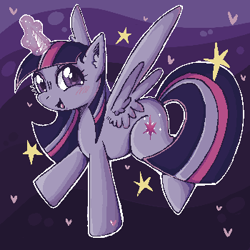 Size: 350x350 | Tagged: safe, artist:faelitha, twilight sparkle, alicorn, pony, g4, digital art, glowing, glowing horn, horn, pixel art, solo, sparkles, stars, wings