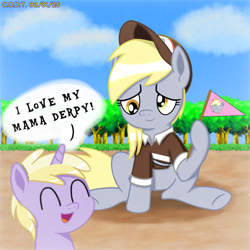 Size: 2000x2000 | Tagged: safe, artist:codenamekid, derpy hooves, dinky hooves, pegasus, pony, unicorn, g4, cap, cloud, cute, derp, derpy day, dinkabetes, female, filly, flag, foal, grass, happy, hat, highlights, horn, looking at someone, mailpony uniform, open mouth, open smile, outdoors, proud, shading, sitting, sky, smiling, smiling at someone, tree, wholesome