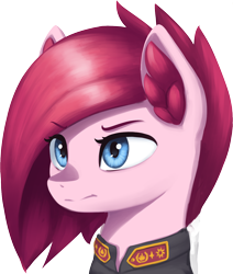 Size: 1320x1560 | Tagged: safe, alternate version, artist:mrscroup, pinkie pie, earth pony, pony, equestria at war mod, g4, bust, clothes, ear fluff, epaulettes, military uniform, pinkamena diane pie, portrait, simple background, solo, transparent background, uniform