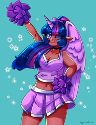 Size: 1545x2000 | Tagged: safe, artist:mylittleyuri, twilight sparkle, human, g4, alicorn humanization, belly, belly button, blush lines, blushing, breasts, busty twilight sparkle, cheerleader, cheerleader outfit, cleavage, clothes, dark skin, elf ears, female, hand on hip, heart, heart eyes, horn, horned humanization, humanized, looking at you, midriff, one eye closed, pom pom, simple background, skirt, smiling, smiling at you, teal background, white pupils, wingding eyes, winged humanization, wings, wink, winking at you