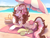 Size: 3000x2250 | Tagged: safe, artist:dandy, artist:pwnyville, oc, oc only, oc:bella meadows, earth pony, pony, beach, beach towel, clothes, coat markings, collaboration, dock, ear fluff, earth pony oc, eyeshadow, female, flower, flower in hair, high res, looking at you, lying down, makeup, ocean, picnic blanket, sand, sky, socks, socks (coat markings), solo, surprised, tail, umbrella, unshorn fetlocks, water