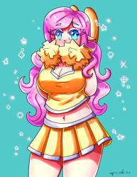 Size: 1545x2000 | Tagged: safe, artist:mylittleyuri, fluttershy, human, g4, belly, belly button, big breasts, blush lines, blushing, breasts, busty fluttershy, cleavage, clothes, elf ears, eyebrows, eyebrows visible through hair, female, heart, heart eyes, humanized, light skin, looking at you, midriff, pom pom, simple background, skirt, teal background, white pupils, wingding eyes, winged humanization, wings