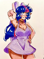 Size: 1500x2000 | Tagged: safe, artist:mylittleyuri, twilight sparkle, human, g4, alicorn humanization, big breasts, blush lines, blushing, breasts, busty twilight sparkle, cleavage, clothes, colored pencil drawing, dress, elf ears, eyebrows, eyebrows visible through hair, female, hand on hip, heart, heart eyes, horn, horned humanization, humanized, looking at you, one eye closed, short dress, snaggletooth, tan skin, traditional art, white pupils, wingding eyes, winged humanization, wings, wink, winking at you