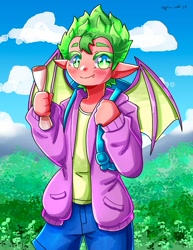 Size: 1545x2000 | Tagged: safe, artist:mylittleyuri, spike, human, g4, blush lines, blushing, clothes, elf ears, eyebrows, eyebrows visible through hair, heart, heart eyes, human spike, humanized, jacket, light skin, male, outdoors, snaggletooth, solo, white pupils, wingding eyes, winged humanization, winged spike, wings