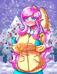 Size: 1545x2000 | Tagged: safe, artist:mylittleyuri, fluttershy, human, g4, blush lines, blushing, breasts, busty fluttershy, christmas, christmas tree, clothes, elf ears, eye clipping through hair, eyebrows, eyebrows visible through hair, female, heart, heart eyes, holiday, humanized, jacket, light skin, mittens, outdoors, smiling, snow, snowfall, tree, white pupils, wingding eyes, winged humanization, wings