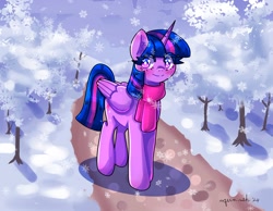 Size: 2000x1555 | Tagged: safe, artist:mylittleyuri, twilight sparkle, alicorn, pony, g4, blush lines, blushing, clothes, female, heart, heart eyes, looking at you, mare, outdoors, scarf, smiling, smiling at you, snow, snowfall, twilight sparkle (alicorn), white pupils, wingding eyes, winter