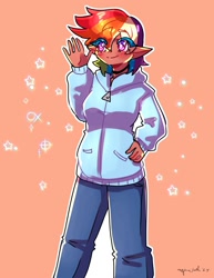 Size: 1545x2000 | Tagged: safe, artist:mylittleyuri, rainbow dash, human, g4, blush lines, blushing, clothes, elf ears, eyebrows, eyebrows visible through hair, female, hand on hip, heart, heart eyes, hoodie, humanized, orange background, simple background, smiling, solo, tan skin, waving, waving at you, white pupils, wingding eyes