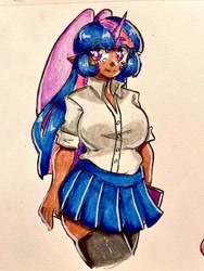 Size: 1500x2000 | Tagged: safe, artist:mylittleyuri, twilight sparkle, human, g4, alicorn humanization, blush lines, blushing, breasts, busty twilight sparkle, clothes, colored pencil drawing, elf ears, eyebrows, eyebrows visible through hair, female, heart, heart eyes, horn, horned humanization, humanized, moderate dark skin, skirt, smiling, solo, stockings, thigh highs, traditional art, white pupils, wingding eyes, winged humanization, wings