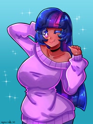 Size: 1500x2000 | Tagged: safe, artist:mylittleyuri, twilight sparkle, human, g4, big breasts, blush lines, blushing, breasts, busty twilight sparkle, choker, clothes, dark skin, eyebrows, eyebrows visible through hair, female, gradient background, heart, heart eyes, humanized, off shoulder, off shoulder sweater, one eye closed, smiling, snaggletooth, sparkles, sweater, white pupils, wingding eyes