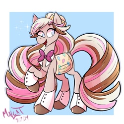 Size: 1000x1000 | Tagged: safe, artist:malcat, horse, bowtie, female, happy, hat, mare, open mouth, open smile, raised hoof, saddle, smiling, solo, sparkles, sundae (wild manes), tack, wild manes