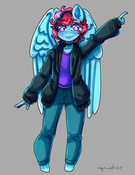 Size: 1545x2000 | Tagged: safe, artist:mylittleyuri, oc, oc only, oc:mystic sky, pegasus, anthro, unguligrade anthro, choker, clothes, eyebrows, eyebrows visible through hair, gray background, jacket, looking at you, pointing, ponysona, simple background, smiling, smiling at you, white pupils