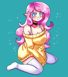 Size: 1757x2000 | Tagged: safe, artist:mylittleyuri, fluttershy, human, g4, big breasts, blush lines, blushing, breasts, busty fluttershy, choker, cleavage, clothes, elf ears, eyebrows, eyebrows visible through hair, feet, female, heart, heart eyes, humanized, kneeling, light skin, off shoulder, off shoulder sweater, simple background, smiling, solo, sparkles, stocking feet, stockings, sweater, sweater dress, teal background, thigh highs, white pupils, wingding eyes