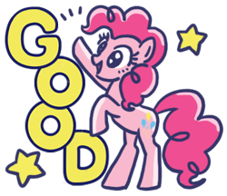 Size: 370x320 | Tagged: safe, pinkie pie, earth pony, pony, g4, :d, emanata, female, full body, good, happy, hoof in air, line sticker, looking forward, mare, open mouth, open smile, rearing, simple background, smiling, solo, stars, three quarter view, transparent background