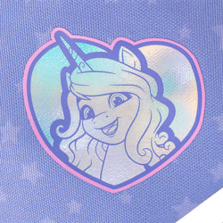 Size: 800x800 | Tagged: safe, izzy moonbow, unicorn, g5, official, 2d, bag, cyrillic, emblem, heart, horn, looking at you, merchandise, photo, shiny, smiling, smiling at you, stars, ukraine, ukrainian, violet background