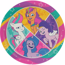 Size: 1600x1600 | Tagged: safe, izzy moonbow, pipp petals, sunny starscout, zipp storm, earth pony, pegasus, unicorn, g5, my little pony: tell your tale, official, 2d, horn, looking at you, merchandise, one eye closed, party supplies, photo, plate, raised hoof, smiling, smiling at you, stars, wink, winking at you