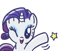 Size: 370x320 | Tagged: safe, edit, rarity, pony, unicorn, g4, eyeshadow, female, front view, horn, line sticker, looking at you, makeup, mare, motion lines, one eye closed, open mouth, open smile, outline, simple background, smiling, solo, stars, transparent background, upper body, waving, waving at you, white outline, wink, winking at you