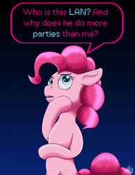 Size: 1920x2475 | Tagged: safe, artist:jphyperx, pinkie pie, earth pony, pony, g4, gradient background, looking up, quote, solo, speech bubble, thinking