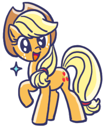 Size: 268x320 | Tagged: safe, edit, applejack, earth pony, pony, g4, :d, applejack's hat, cowboy hat, female, full body, hat, line sticker, looking at you, mare, open mouth, open smile, raised hoof, simple background, smiling, smiling at you, solo, sparkles, standing, transparent background