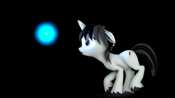 Size: 3840x2160 | Tagged: safe, artist:franzu5ik, oc, oc only, oc:lilu quiet, pony, unicorn, 3d, 4k, amazed, black background, black mane, black tail, circles, emptiness, eye glow, female, floppy ears, glowing, high res, horn, mare, raised hoof, simple background, solo, source filmmaker, stars, tail, unicorn oc, unshorn fetlocks, void, white body