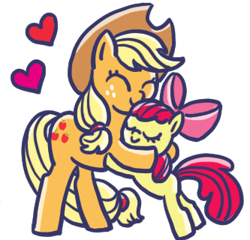 Size: 333x320 | Tagged: safe, edit, apple bloom, applejack, earth pony, pony, g4, ^^, apple sisters, applejack's hat, bow, cowboy hat, cropped, duo, duo female, eyes closed, female, filly, foal, full body, hair bow, hat, heart, hug, line sticker, mare, siblings, simple background, sisters, smiling, three quarter view, transparent background