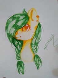 Size: 1200x1600 | Tagged: safe, artist:dorry, oc, oc only, pony, bust, colored pencil drawing, ear piercing, earring, female, female oc, green mane, jewelry, mare, mare oc, one eye covered, piercing, ponytail, portrait, simple background, solo, traditional art, white background