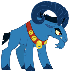 Size: 3552x3663 | Tagged: safe, artist:majorleaguegamintrap, grogar, g4, black mane, fangs, gold, hooves, horns, sash, simple background, transparent background, yellow eyes, young, younger