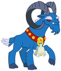 Size: 3086x3574 | Tagged: safe, artist:majorleaguegamintrap, grogar, g1, g4, bell, fangs, g1 to g4, generation leap, grogar's bell, hooves, horns, red eyes, sash, simple background, squint, transparent background