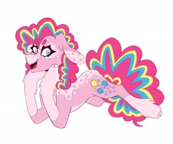 Size: 2048x1702 | Tagged: safe, artist:piercinghalo, pinkie pie, earth pony, pony, g4, alternate hairstyle, cute, diapinkes, female, markings, open mouth, redesign, simple background, solo, unshorn fetlocks, white background