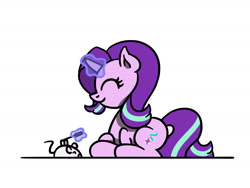 Size: 1800x1350 | Tagged: safe, artist:flutterluv, starlight glimmer, mouse, pony, unicorn, g4, duo, eyes closed, horn, lying down, magic, magic aura, ponified animal video, prone, simple background, smiling, telekinesis, white background