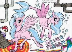 Size: 4532x3282 | Tagged: safe, artist:artistnjc, edith, silverstream, classical hippogriff, cockatrice, hippogriff, seapony (g4), g4, bubble, character name, fins, paint can, paintbrush, pipes, signature, simple background, smiling, solo, spread wings, stairs, traditional art, wings