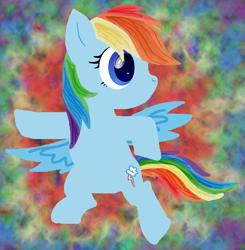 Size: 1951x1990 | Tagged: safe, artist:anonymous, rainbow dash, pegasus, pony, g4, abstract background, blue eyes, female, mare, psychedelic, psychedelic background, rainbow, solo, spread wings, wings, wrong eye color