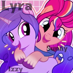 Size: 1280x1280 | Tagged: safe, artist:vanillapie10, izzy moonbow, sunny starscout, earth pony, pony, unicorn, g5, abstract background, duo, duo female, female, horn, hug, looking at you, mane stripe sunny, mare, neck hug