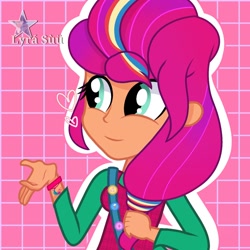 Size: 1280x1280 | Tagged: safe, artist:vanillapie10, sunny starscout, human, equestria girls, g4, g5, abstract background, clothes, equestria girls-ified, female, g5 to equestria girls, g5 to g4, generation leap, solo