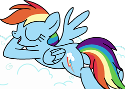 Size: 1362x977 | Tagged: safe, artist:anonymous, rainbow dash, pegasus, pony, g4, butt, cloud, eyes closed, female, folded wings, lying down, lying on a cloud, mare, on a cloud, open mouth, plot, prone, simple background, smiling, solo, spread wings, transparent background, wings