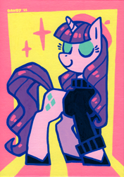 Size: 2945x4182 | Tagged: safe, artist:dandy, rarity, pony, unicorn, g4, acrylic painting, alternate hairstyle, beatnik rarity, beret, clothes, eyes closed, eyeshadow, hat, high res, horn, limited palette, makeup, shoes, solo, sweater, traditional art