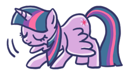 Size: 370x219 | Tagged: safe, edit, twilight sparkle, alicorn, pony, g4, bowing, closed mouth, cropped, eyes closed, feathered wings, female, full body, horn, line sticker, mare, motion lines, simple background, smiling, solo, standing, three quarter view, transparent background, twilight sparkle (alicorn), wings