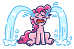 Size: 370x247 | Tagged: safe, edit, pinkie pie, earth pony, pony, g4, cropped, crying, eyes closed, female, floppy ears, front view, full body, line sticker, mare, ocular gushers, open mouth, pinkie cry, sad, simple background, sitting, solo, transparent background, underhoof