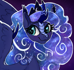 Size: 1850x1754 | Tagged: safe, artist:shaslan, princess luna, kirin, g4, blue eyes, blue mane, blue tail, cloven hooves, crescent horn, crescent moon, crown, digital art, ethereal mane, ethereal tail, eyebrows, eyelashes, eyeshadow, female, flowing mane, flowing tail, glowing, gradient background, jewelry, kirin luna, kirin-ified, logo, looking at you, makeup, mare, moon, regalia, scales, signature, smiling, smiling at you, solo, species swap, starry mane, starry tail, stars, tail, unshorn fetlocks