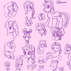 Size: 2224x2224 | Tagged: safe, artist:wrath-marionphauna, angel bunny, applejack, cozy glow, fluttershy, misty brightdawn, pipp petals, princess cadance, rarity, twilight sparkle, oc, oc:chimes, oc:tsu, alicorn, butterfly, cat, deer, human, reindeer, g4, g5, doodle, flower, mon laferte, twilight sparkle (alicorn)