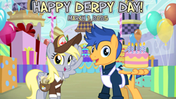 Size: 2063x1161 | Tagged: safe, artist:cloudy glow, artist:jhayarr23, artist:not-yet-a-brony, derpy hooves, flash sentry, pegasus, equestria daily, g4, 2025, best friends, cake, canterlot castle, celebration, derpy day, duo, female, food, friends, friendship, headcanon in the description, lyrics in the description, mailmare uniform, male, march, mare, party, present, smiling, song in the description, song reference, stallion, wing hands, wings, youtube link in the description