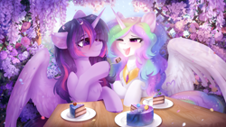 Size: 3840x2160 | Tagged: safe, princess celestia, twilight sparkle, alicorn, pony, g4, alcove, blushing, cake, closed mouth, eating, eye clipping through hair, eyes closed, eyes open, flower, food, fork, horn, jewelry, light skin, open mouth, outdoors, pie, planet, plate, purple eyes, purple mane, sparkles, spread wings, table, tea party, twilight sparkle (alicorn), wings