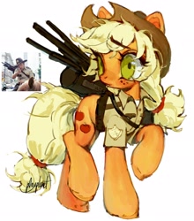 Size: 1800x2048 | Tagged: safe, artist:p0nyplanet, applejack, earth pony, pony, g4, applejack's hat, bag, clothes, cowboy hat, crossover, female, gun, hat, jacket, mare, police officer, raised leg, rick grimes, sheriff, shirt, signature, the walking dead, weapon, worried