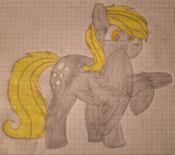 Size: 2976x2644 | Tagged: safe, artist:tisalie, derpy hooves, pegasus, pony, g4, cute, derp, derpabetes, female, graph paper, grid background, grooming, happy, hoof fluff, mare, pencil drawing, preening, raised hoof, simple background, solo, spread wings, traditional art, wings