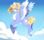 Size: 1488x1353 | Tagged: safe, artist:colorspaint15, oc, oc only, pegasus, pony, blonde mane, blue coat, chest fluff, cloud, ear fluff, female, flying, golden eyes, looking back, outdoors, short mane, short tail, sky, smiling, solo, tail, white feathers, wings