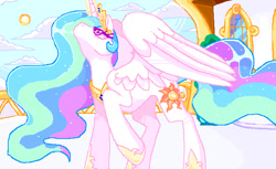 Size: 711x434 | Tagged: source needed, safe, artist:meloett, princess celestia, alicorn, pony, g4, building, female, looking up, mare, outdoors, raised hoof, solo